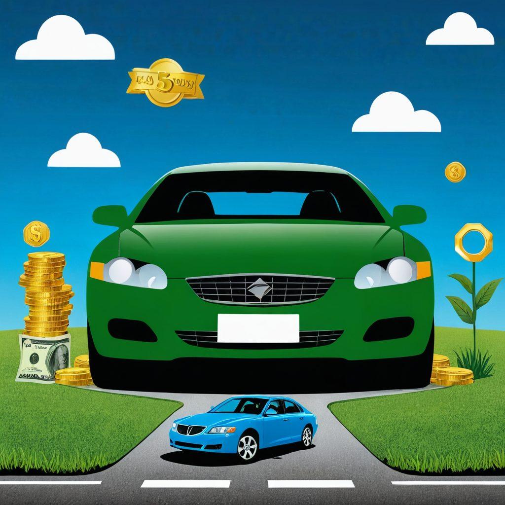 A hand unlocking a savings bank with a car silhouette behind it, surrounded by insurance icons like a shield, calculator, and dollar signs. Vivid colors contrast the blue sky and green grass, symbolizing financial freedom and safety on the road. The atmosphere is bright and inviting, aiming to evoke a sense of security in auto insurance decisions. vector art. vibrant colors. white background.